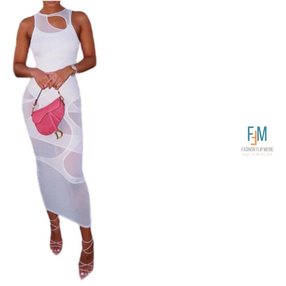 New! Sleeveless Sheer Mesh Fishnet Cut Out Bodycon Sheath Dress - Picture 6 of 8